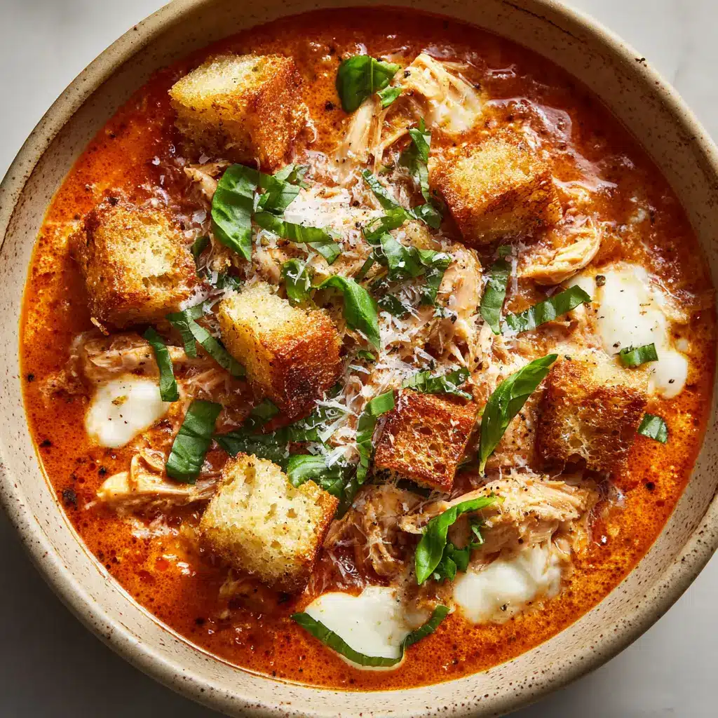 Shredded chicken simmering in a rich reddish-orange creamy tomato broth inside a Dutch oven.