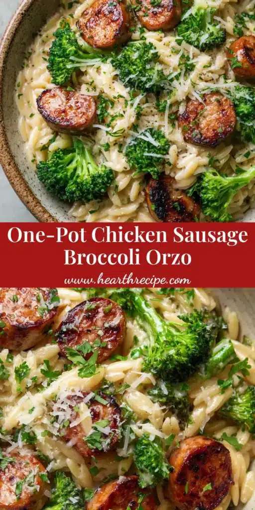 A rustic ceramic bowl filled with Chicken Sausage Broccoli Orzo, featuring creamy glossy pasta, bright green steamed broccoli florets, and caramelized sausage slices.
