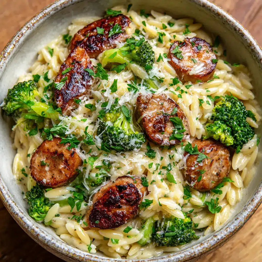 Top-down view of plump cooked orzo pasta, seared sliced chicken sausage, and tender green broccoli florets ready to be mixed into a creamy sauce.