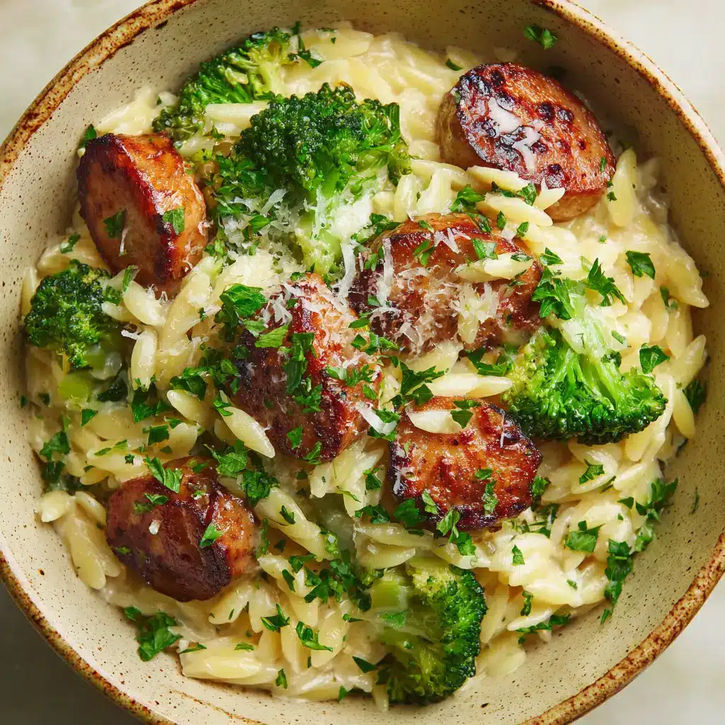 Close-up of Creamy Chicken Sausage Broccoli Orzo garnished with freshly grated parmesan cheese and chopped fresh parsley in a rustic bowl.