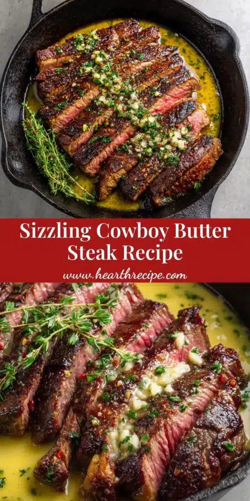 Cowboy Butter Steak 4 Thick sliced Cowboy Butter Steak with a dark caramelized crust and juicy pink center in a dark cast iron skillet, smothered in glossy yellow melted butter sauce with garlic, parsley, and red pepper flakes.
