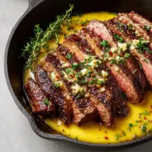 Close up view of glossy yellow melted butter pooling around deeply seared thick steak slices with visible minced white garlic bits and bright green chopped fresh parsley.
