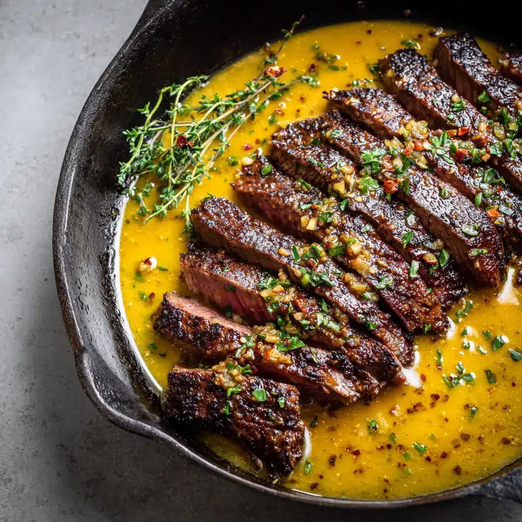 Cowboy Butter Steak 1 Medium-rare pink center of a sliced steak inside a rustic dark cast iron skillet, surrounded by melted butter, fresh thyme sprigs, and scattered flecks of crushed red pepper.