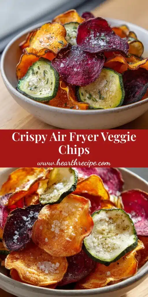 Air Fryer Veggie Chips: Crispy Sweet Potato, Beet, and Zucchini 3 A rustic ceramic bowl overflowing with crispy Air Fryer Veggie Chips, showcasing vibrant sweet potatoes, blistered beets, and golden-rimmed zucchini.