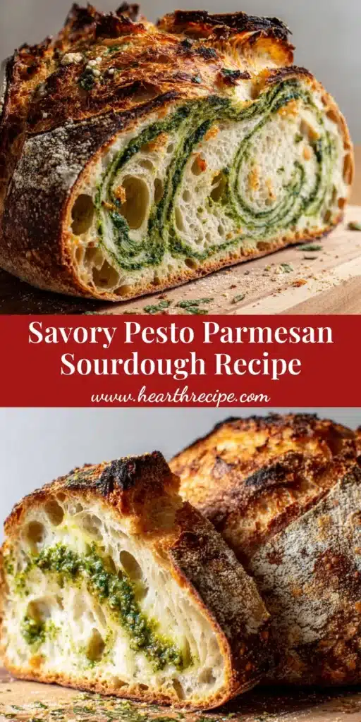 Thick slice of artisan Pesto Parmesan Sourdough bread resting against a whole rustic loaf on a wooden cutting board with open crumb and green pesto swirls.