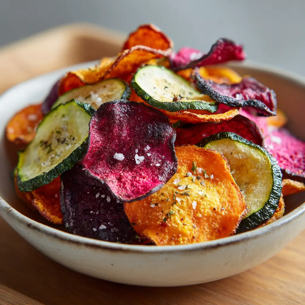 Close up view of raw, thinly sliced mixed vegetables including orange sweet potatoes, magenta beets, and pale green zucchini ready for the air fryer.