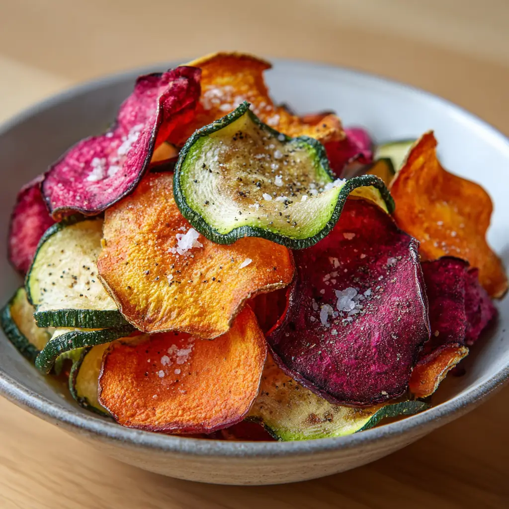 Air Fryer Veggie Chips: Crispy Sweet Potato, Beet, and Zucchini 1 A close-up view of crispy, thinly sliced mixed Air Fryer Veggie chips piled in a shallow rustic ceramic bowl.