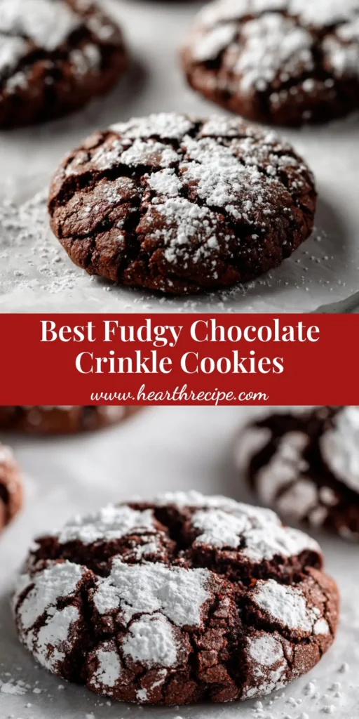 A close-up of dark chocolate crinkle cookies resting on parchment paper with deep natural cracks in a heavy powdered sugar coating.