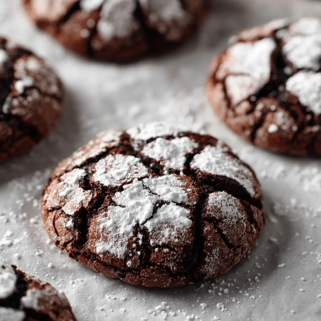 Baked dark chocolate crinkle cookies featuring natural cracks that expose a moist dark chocolate interior.