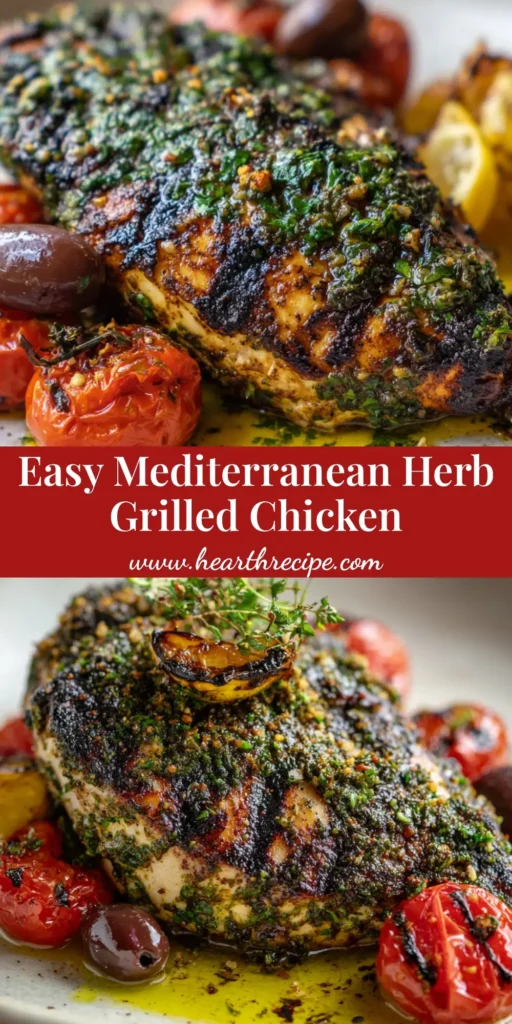 Ultimate Mediterranean Grilled Chicken with Herb Crust 3 A beautifully plated piece of Mediterranean Grilled Chicken with deep charred grill marks, coated in a thick parsley and garlic herb crust, surrounded by blistered tomatoes and olives.