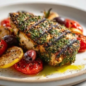 Overhead view of juicy Mediterranean Grilled Chicken covered in chopped parsley, oregano, and minced garlic with a golden olive oil drizzle.