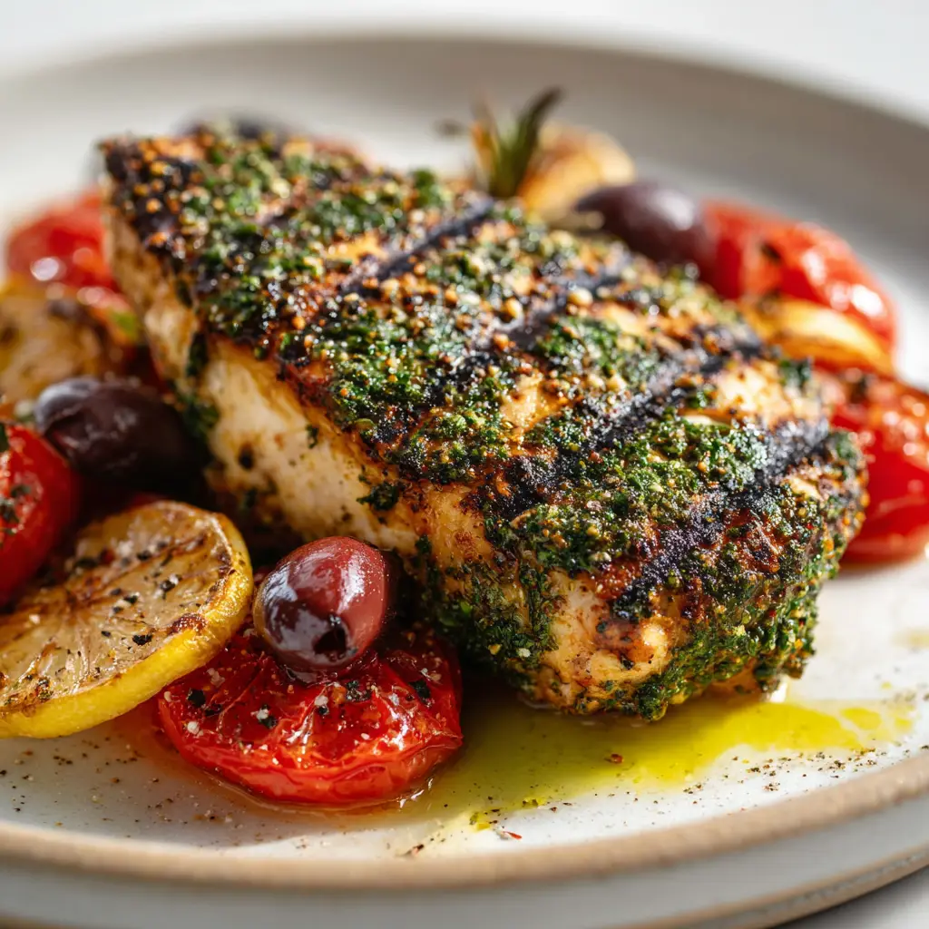 Ultimate Mediterranean Grilled Chicken with Herb Crust 2 Overhead view of juicy Mediterranean Grilled Chicken covered in chopped parsley, oregano, and minced garlic with a golden olive oil drizzle.