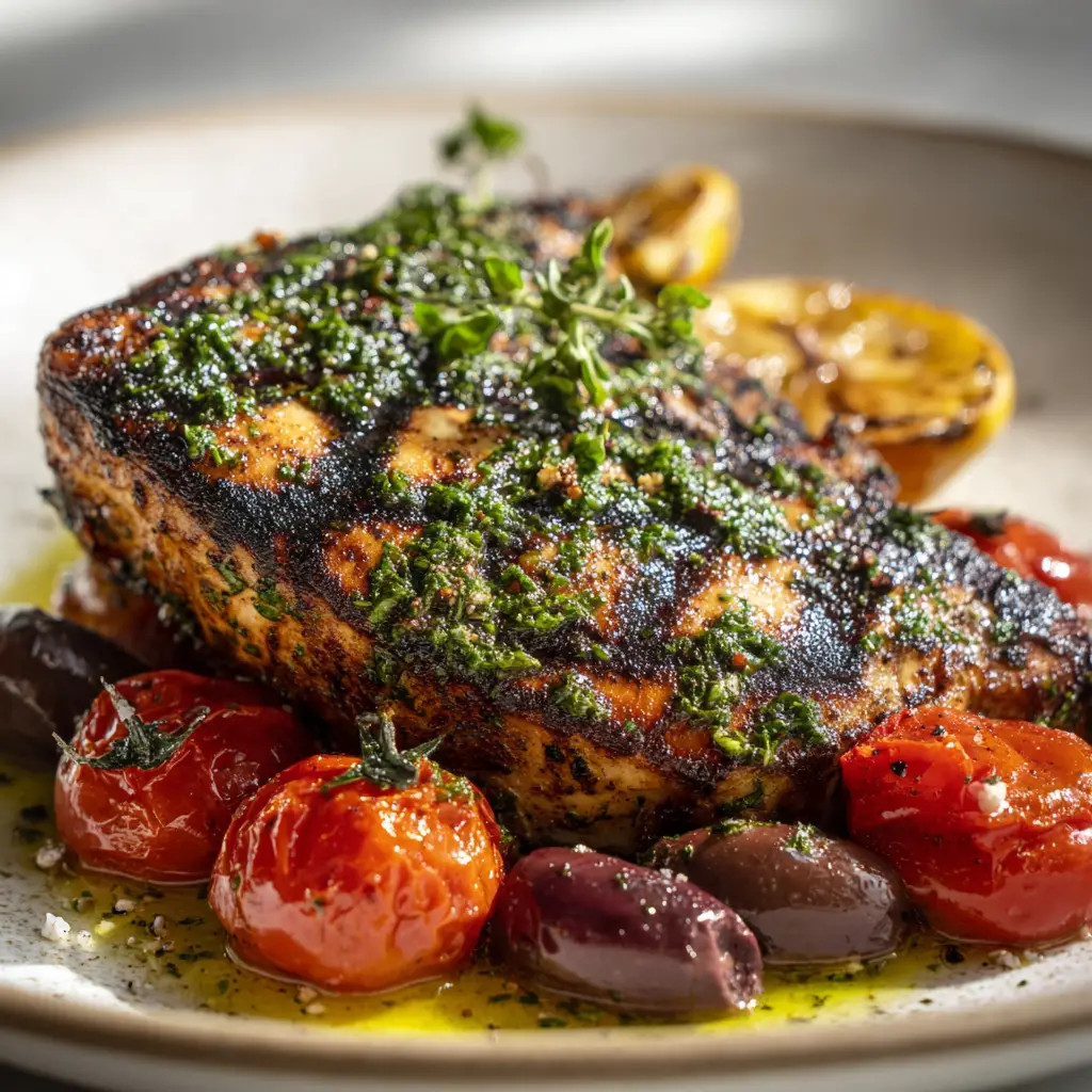 Ultimate Mediterranean Grilled Chicken with Herb Crust 1 Close-up of Mediterranean Grilled Chicken with deep char marks, blistered red cherry tomatoes, whole Kalamata olives, and roasted lemon wedges on a rustic ceramic plate.