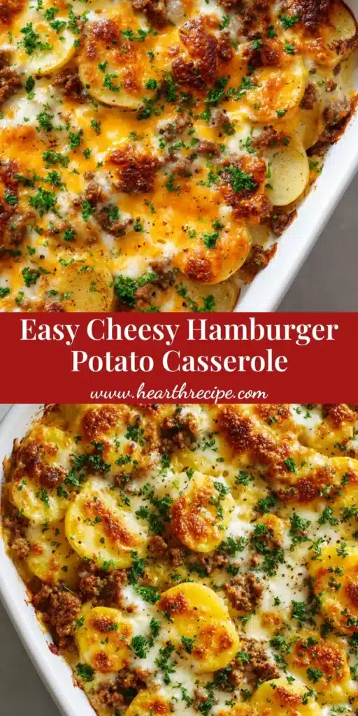 Close up overhead shot of a freshly baked cheesy hamburger potato casserole featuring melted yellow cheddar and white mozzarella with blistered golden-brown bubbles, garnished with parsley and black pepper.