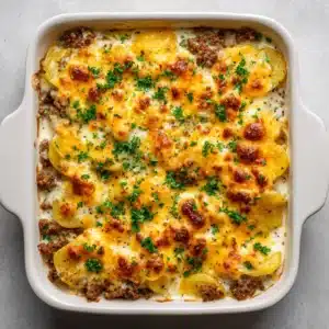 A close up view of a freshly baked cheesy hamburger potato casserole in a white rectangular baking dish on a light gray countertop.
