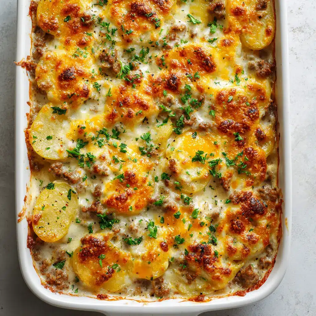 Overhead shot of cheesy hamburger potato casserole showing the browned ground beef crumbles and creamy white sauce peeking through melted cheese.