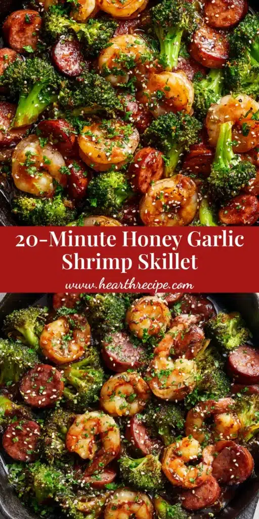 A rustic black cast iron skillet filled with Honey Garlic Shrimp and Sausage, featuring vibrant green broccoli and toasted sesame seeds.