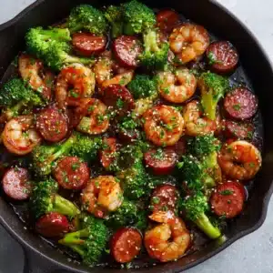 Close-up of plump pink cooked shrimp, thick diagonally sliced browned smoked sausage, and vibrant green broccoli ready to be cooked.