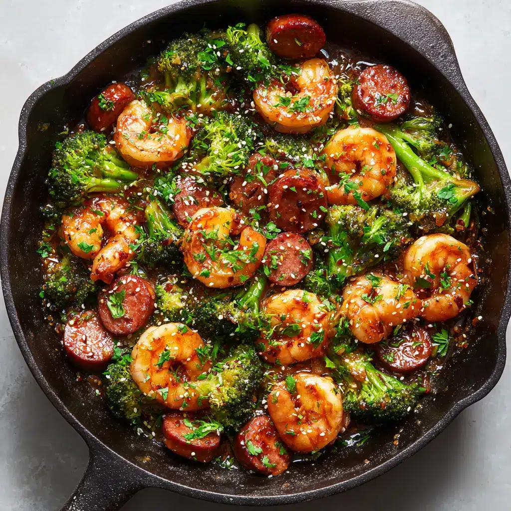 Top-down view of cooked Honey Garlic Shrimp and Sausage coated in a dark amber sticky sauce with tiny white toasted sesame seeds and fresh parsley.