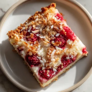 Close up overhead shot of a freshly baked square dessert bar showing the gooey golden-brown condensed milk and crisp coconut topping.