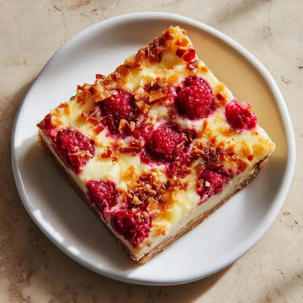 Raspberry Coconut Magic Bars 1 Delicious baked magic bar slice resting on a neutral beige marble countertop casting gentle natural shadows.