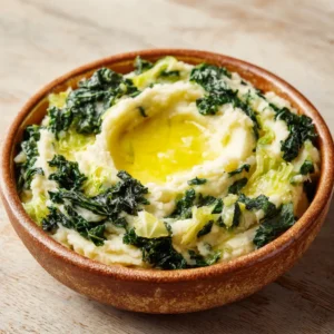 Overhead view of a rustic bowl of Irish Colcannon with deeply folded dark green kale and soft light green cabbage pieces.