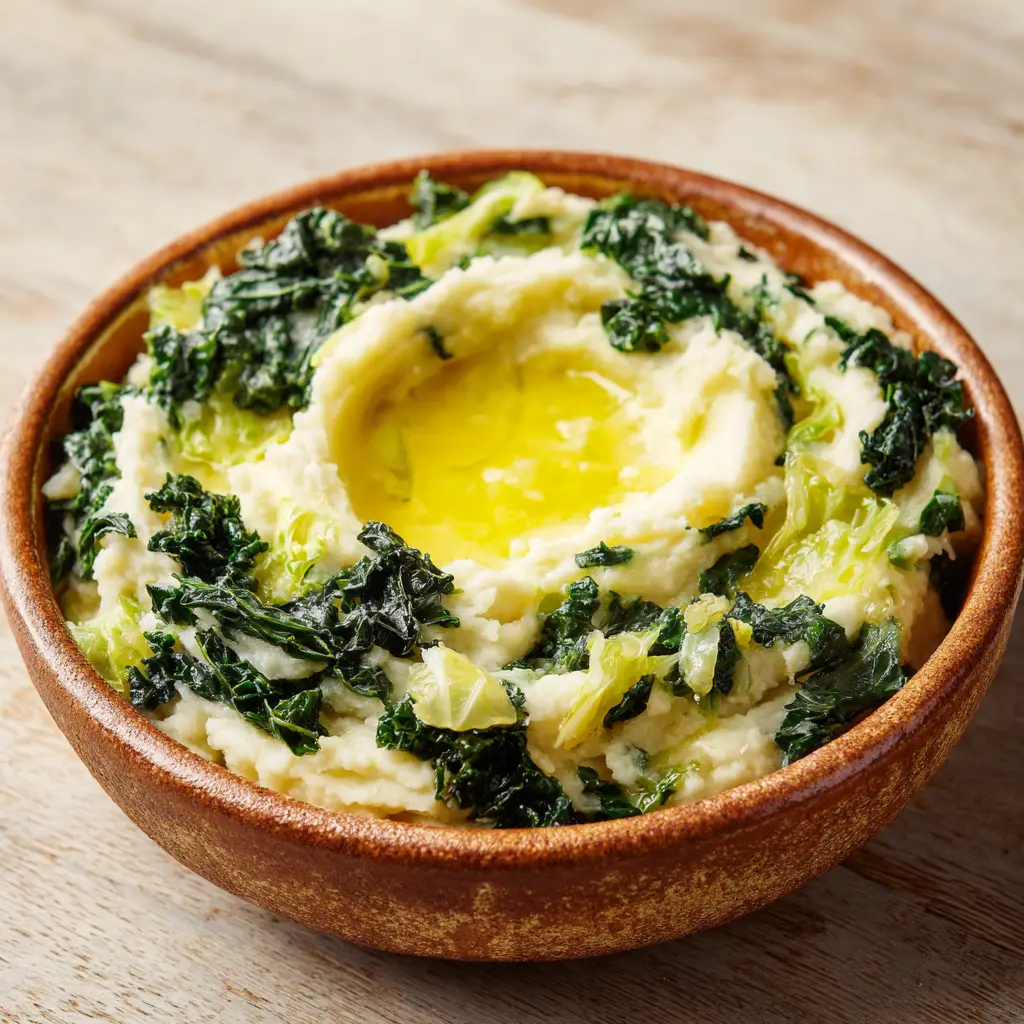 Authentic Irish Colcannon Recipe (Creamy Potato & Cabbage Mash) 2 Overhead view of a rustic bowl of Irish Colcannon with deeply folded dark green kale and soft light green cabbage pieces.