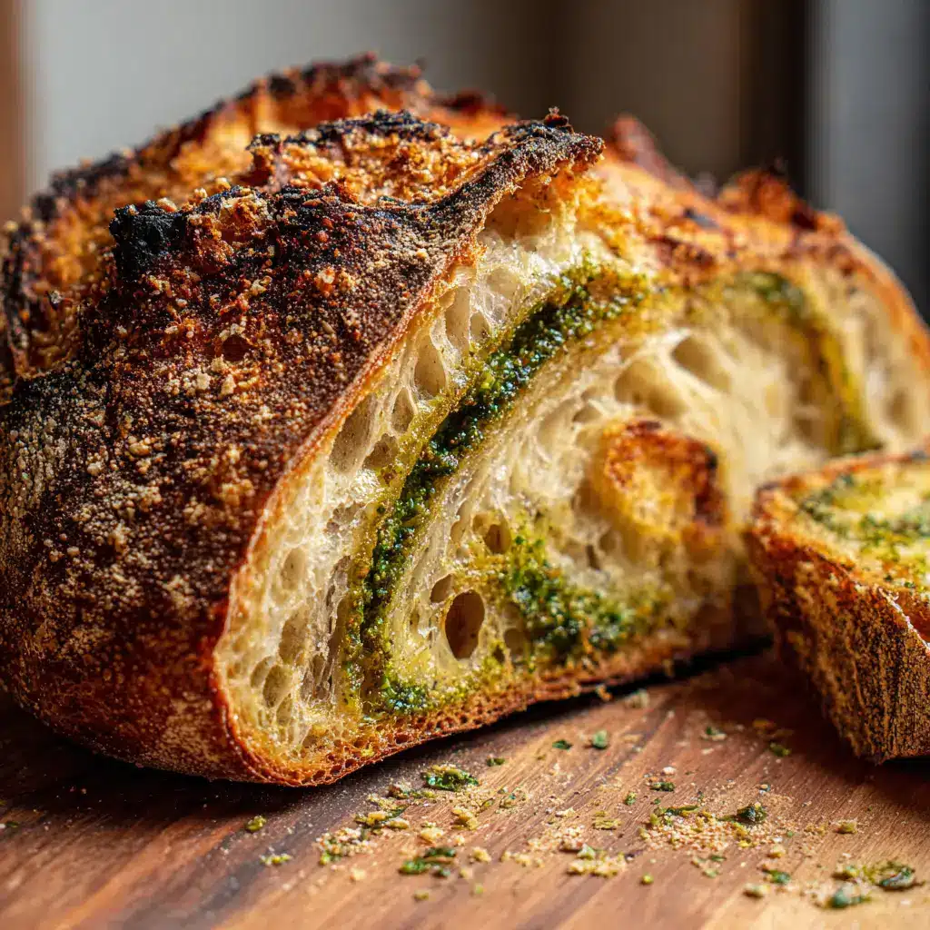 Thick blistered golden-brown crust of sourdough bread with a crusted layer of baked parmesan cheese and tiny green herb flakes.