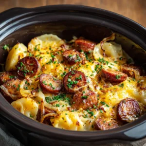 Close up view of the raw ingredients needed for Crockpot Pierogi Casserole, including frozen potato pierogies, sliced smoky kielbasa, onions, and shredded cheddar and mozzarella cheese.