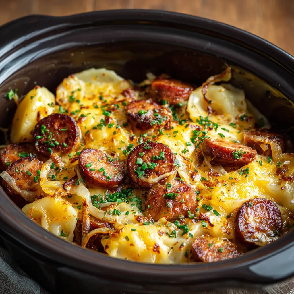 The Ultimate Crockpot Pierogi Casserole 2 Close up view of the raw ingredients needed for Crockpot Pierogi Casserole, including frozen potato pierogies, sliced smoky kielbasa, onions, and shredded cheddar and mozzarella cheese.