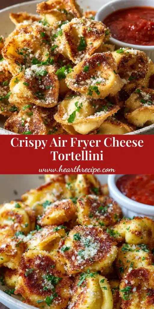 A tall graphic showing crispy Air Fryer Cheese Tortellini piled in a rustic white bowl, garnished with parmesan and parsley, next to a ramekin of marinara sauce.