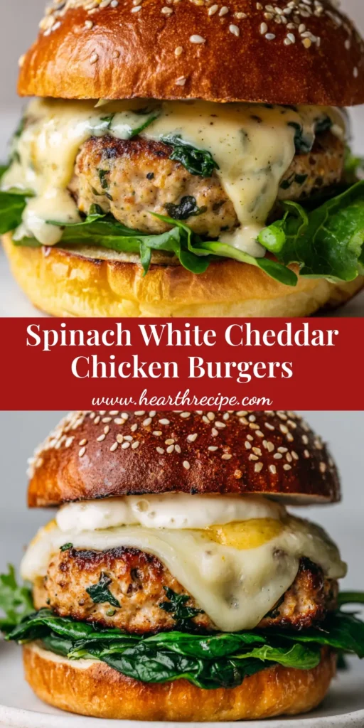 A tall, juicy Spinach Chicken Burger on a toasted sesame seed brioche bun, featuring oozing white cheddar cheese, fresh green leaf lettuce, and creamy mayo.