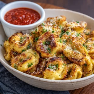 A close-up shot of crispy, golden-brown air-fried cheese tortellini in a shallow white ceramic bowl, dusted with finely grated parmesan and green chopped parsley flakes.