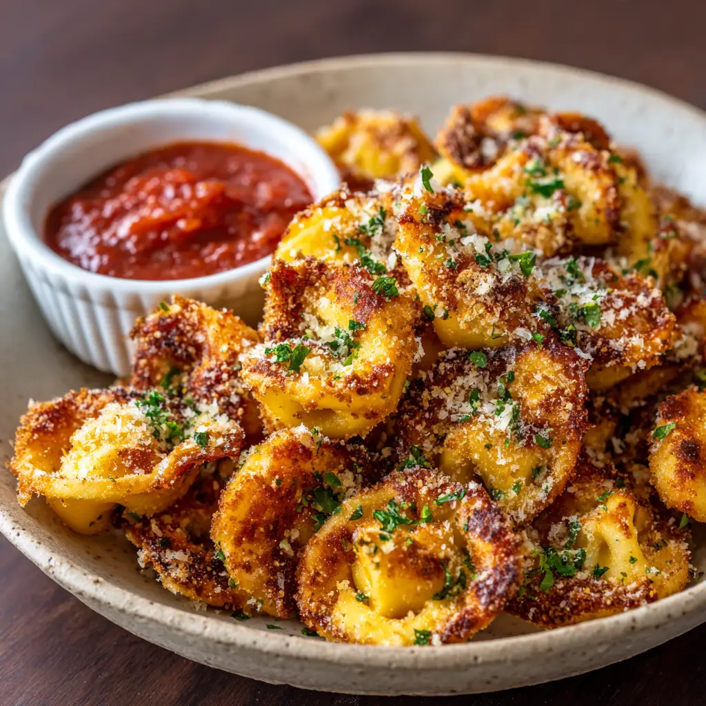 Air Fryer Cheese Tortellini resting on a dark wooden table with a small white ramekin filled with thick red marinara sauce in the background.