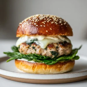 Close up of a pan-seared ground chicken patty speckled with dark green spinach and covered in melted white cheddar.