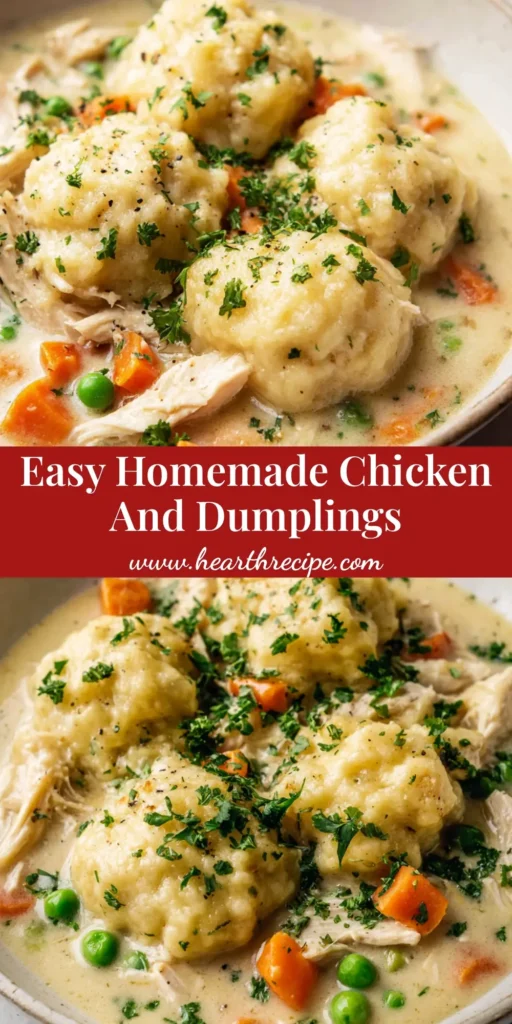 A close-up view of a hearty bowl of Chicken and Dumplings with a thick creamy pale-ivory broth, fluffy drop dumplings, diced carrots, and fresh parsley.