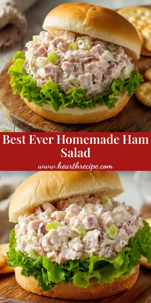 A thick scoop of creamy homemade ham salad on a lightly toasted white bun with crisp green lettuce and round butter crackers.