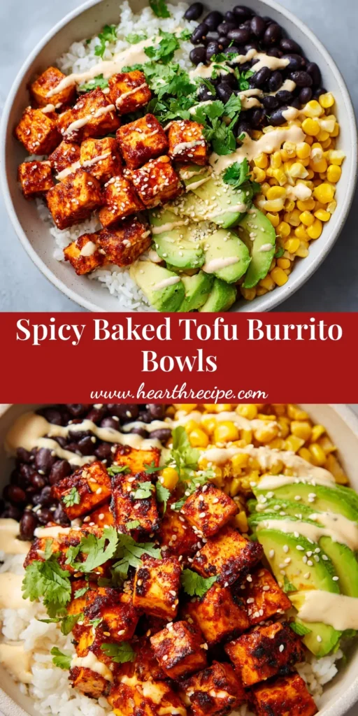 The Ultimate Spicy Baked Tofu Burrito Bowl 3 A close-up overhead view of a vibrant Spicy Baked Tofu Burrito Bowl layered with rice, black beans, corn, and avocado.