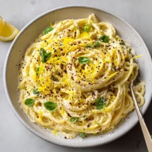 Close-up of al dente spaghetti noodles perfectly coated in a creamy, pale yellow ricotta and lemon sauce with finely grated parmesan cheese.