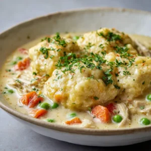 A shallow rustic matte-white ceramic bowl filled with thick, savory chicken stew and rustic drop dumplings garnished with parsley.