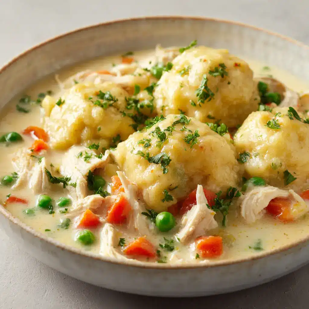 Large fluffy rustic drop dumplings with slightly golden-yellow, rough, porous texture resting on top of creamy chicken broth.