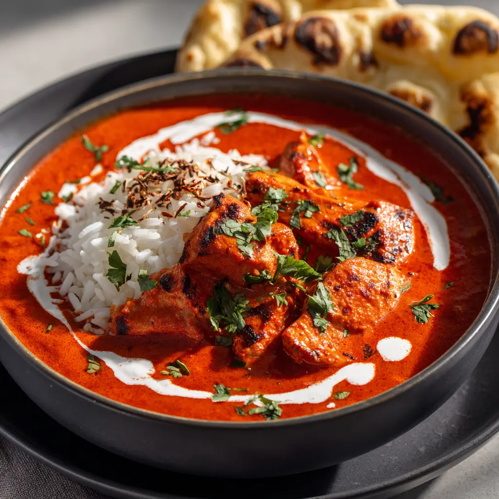 Indian Butter Chicken garnished with a perfectly poured circular swirl of white heavy cream, fenugreek flakes, and cilantro leaves alongside fluffy white basmati rice and blistered naan bread.