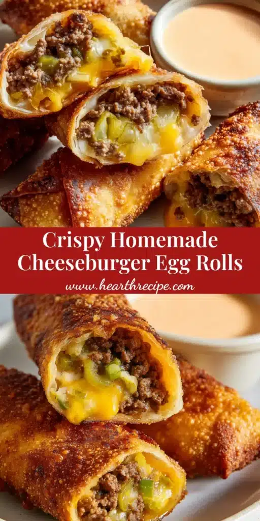 A towering stack of crispy fried Cheeseburger Egg Rolls cut in half, showcasing juicy ground beef and melted yellow cheddar cheese.