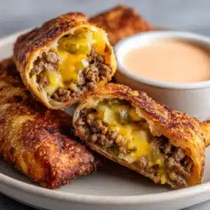Close up of golden brown, blistered Cheeseburger Egg Rolls cut in half diagonally on a matte white ceramic plate with a creamy dipping sauce.