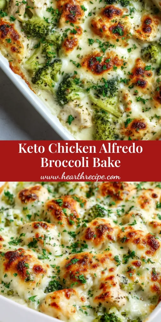 A close-up view of a freshly baked Keto Chicken Alfredo Broccoli Bake inside a white ceramic rectangular baking dish, featuring blistered bubbly cheese.