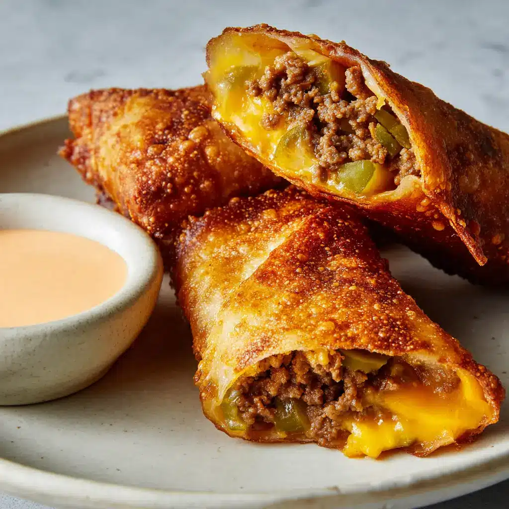 Macro cross-section of a Cheeseburger Egg Roll showing crumbled ground beef, yellow cheddar cheese, and translucent green pickles.