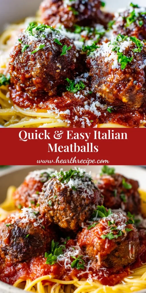 Close up shot of beautifully browned Italian Meatballs resting on al dente spaghetti covered in thick red marinara sauce, garnished with Parmesan and fresh parsley.