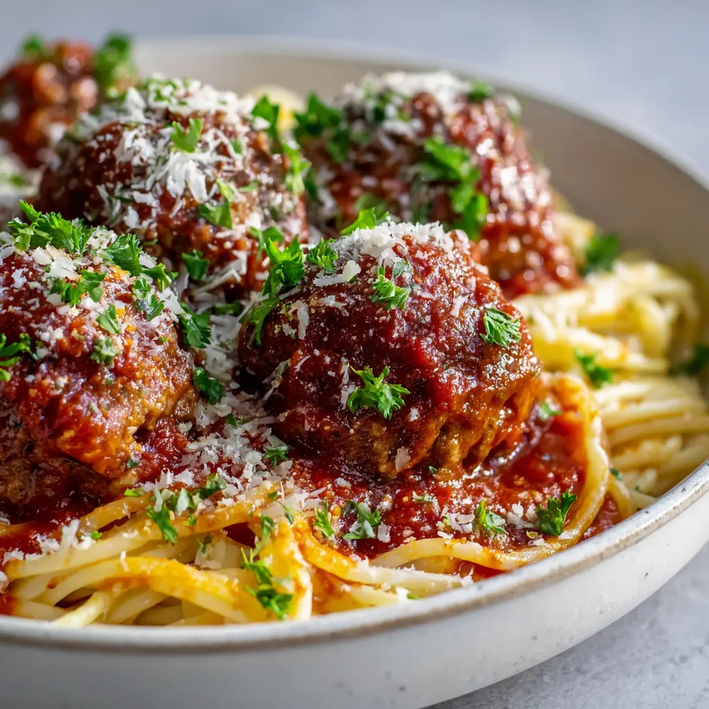 A generous dusting of finely grated white Parmesan cheese melting over thick red tomato marinara sauce and Italian Meatballs.