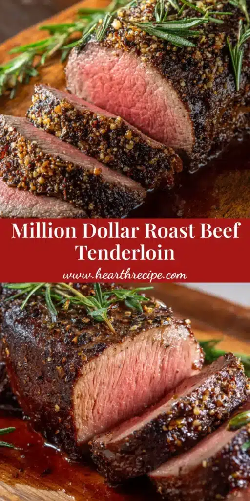 Thickly sliced Million Dollar Beef Tenderloin with a dark caramelized crust and juicy medium-rare center on a rustic carving board.