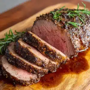 Whole roasted Million Dollar Beef Tenderloin coated in minced garlic and black pepper, garnished with fresh rosemary.